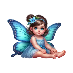 Cute Baby Fairy with Blue Butterfly Wings Sitting