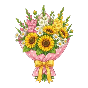 Colorful Floral Bouquet with Sunflowers and Daisies Wrapped in Pink Polka Dot Paper