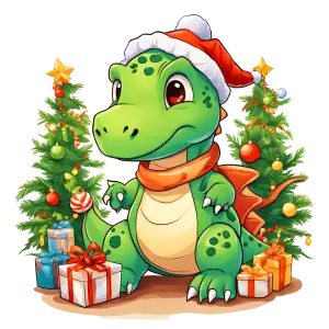 Cute Dinosaur Wearing Santa Hat with Christmas Trees and Gifts