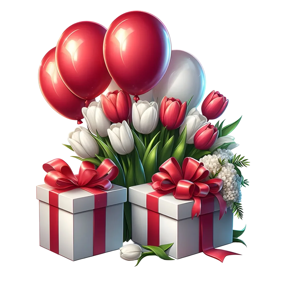 Red and White Tulip Bouquet with Gift Boxes and Balloons