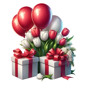 Red and White Tulip Bouquet with Gift Boxes and Balloons