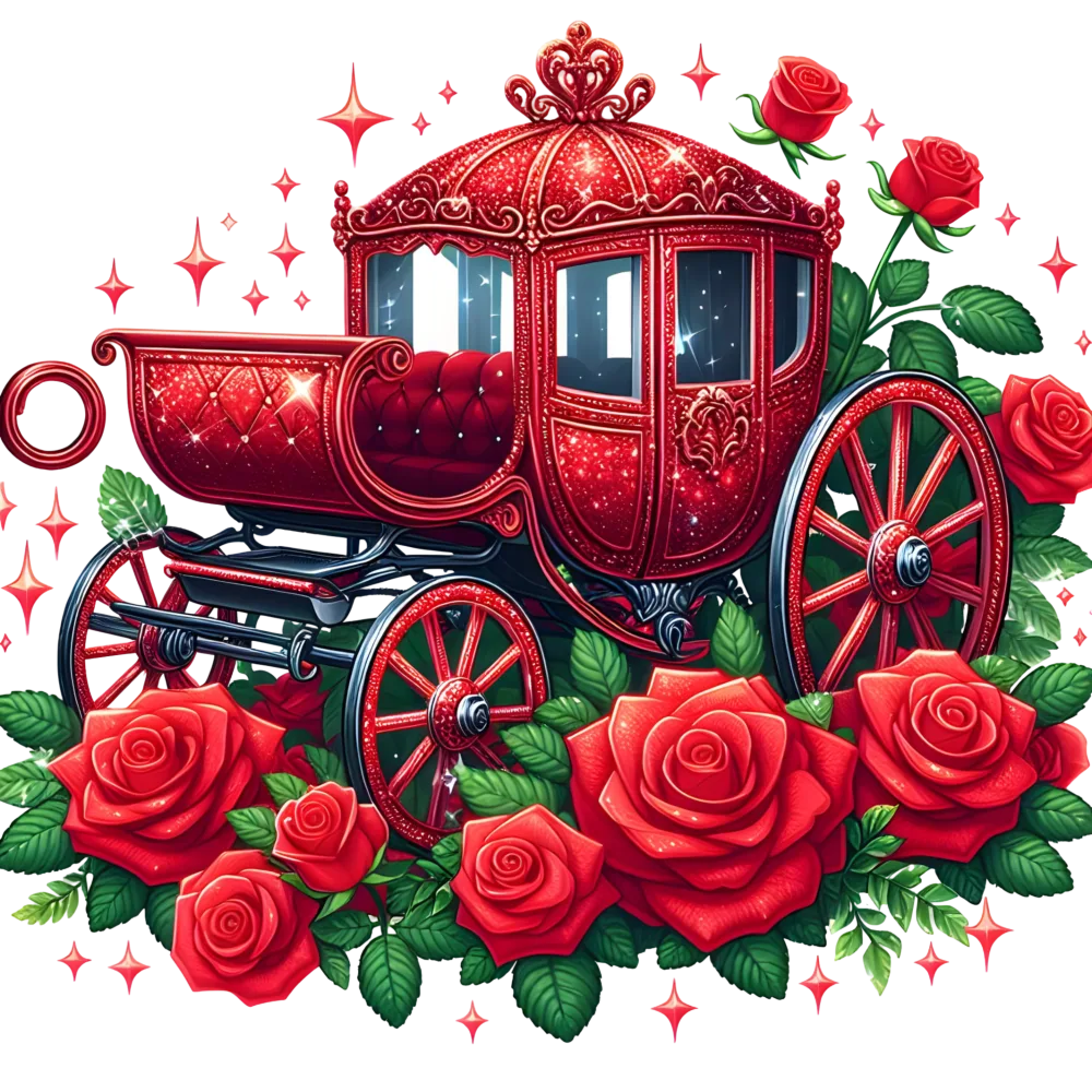 Red Glittery Vintage Carriage Surrounded by Red Roses