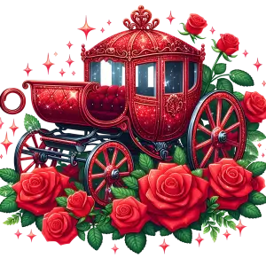 Red Glittery Vintage Carriage Surrounded by Red Roses