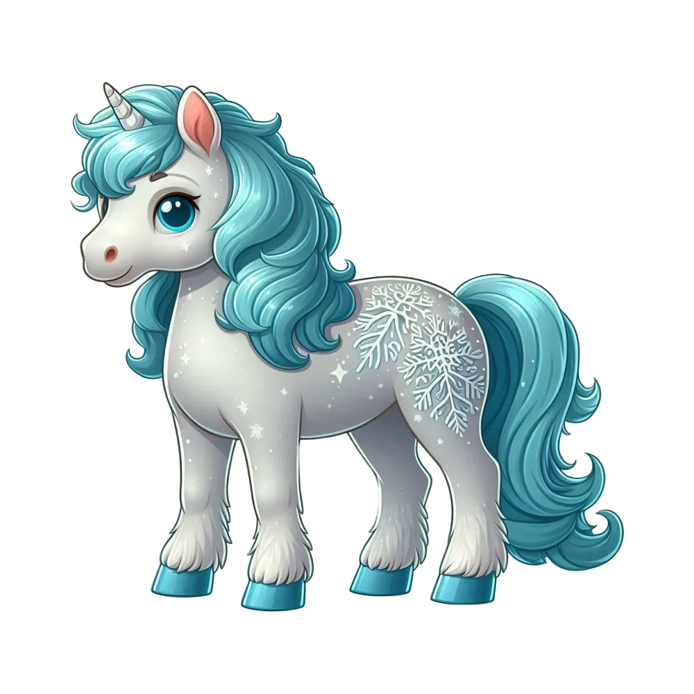 Cute Cartoon Blue and White Unicorn with Snowflake Pattern