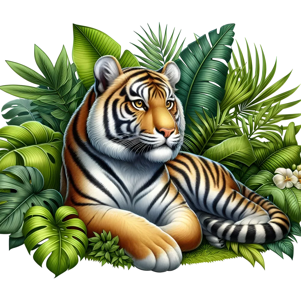 Relaxed Tiger Lying Amid Lush Tropical Leaves