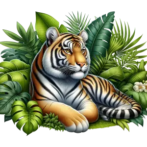 Relaxed Tiger Lying Amid Lush Tropical Leaves
