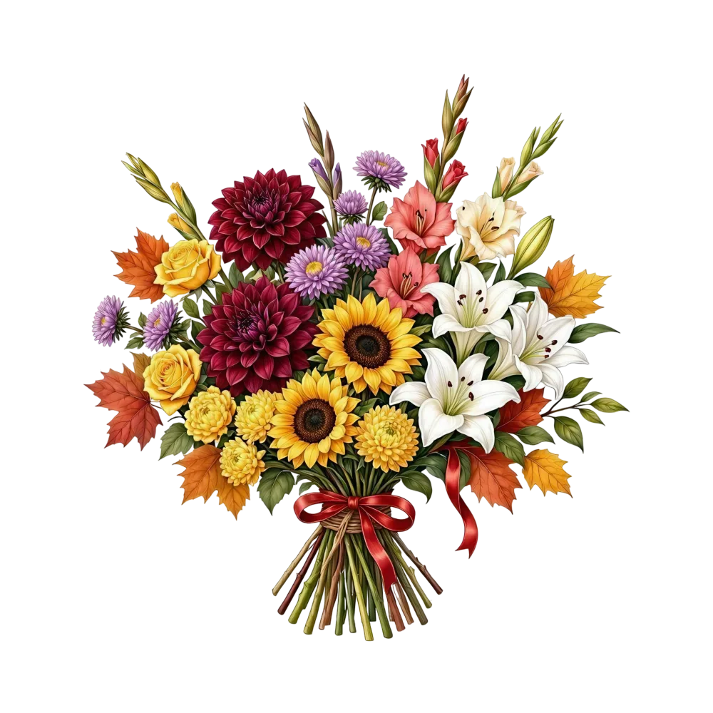 Colorful Autumn Flower Bouquet with Sunflowers and Lilies