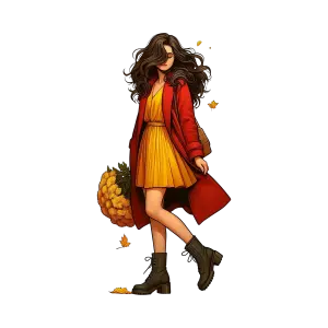 Stylish Woman in Autumn Outfit Holding Yellow Flowers