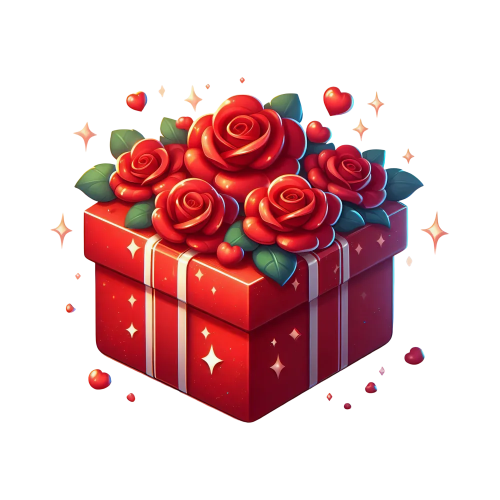 Red Gift Box with Red Roses and Hearts