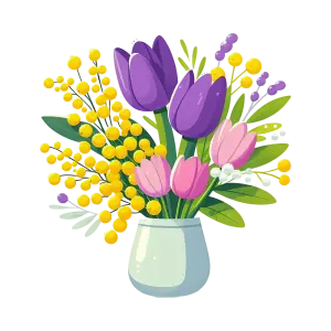 Colorful Tulip and Yellow Blossom Floral Bouquet in Vase