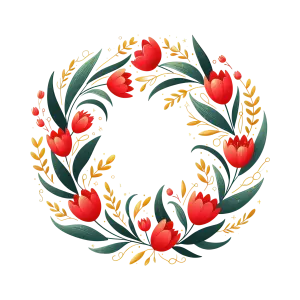Decorative Floral Wreath with Red Tulips and Golden Leaves
