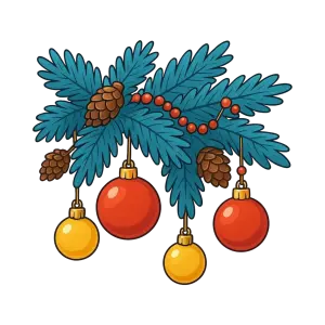 Christmas Pine Branch with Ornaments and Pinecones
