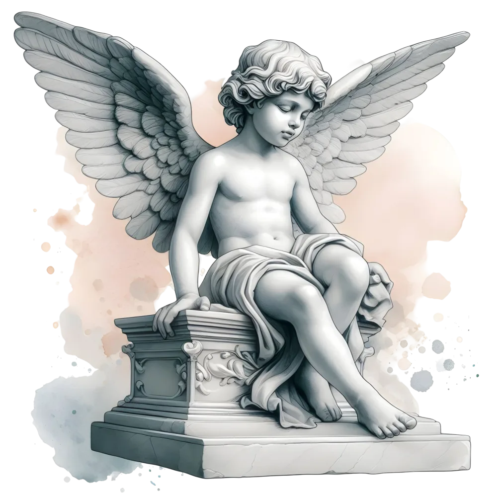 Sculpted Angelic Cherub Statue with Wings Sitting on Ornate Pedestal