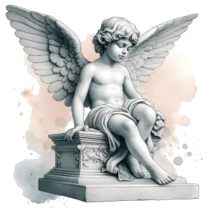 Sculpted Angelic Cherub Statue with Wings Sitting on Ornate Pedestal
