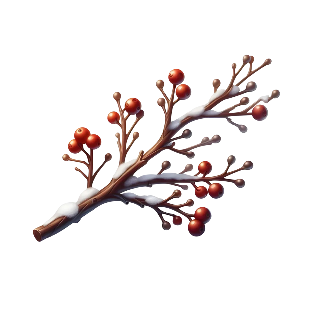Snow-covered winter branch with red berries