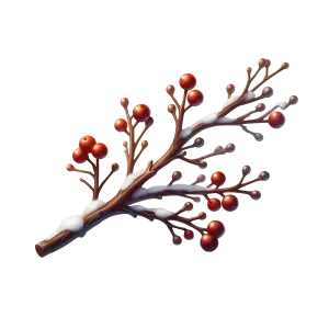 Snow-covered winter branch with red berries