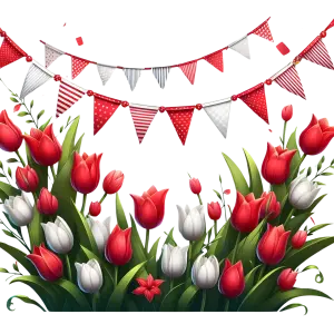 Red and White Tulip Flowers with Festive Bunting Garland