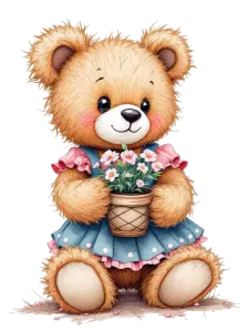 Cute Teddy Bear Holding Potted Flowers in Blue Dress