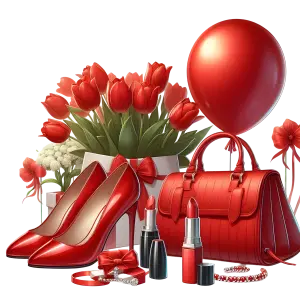 Red Fashion Accessories with Tulip Bouquet and Balloon