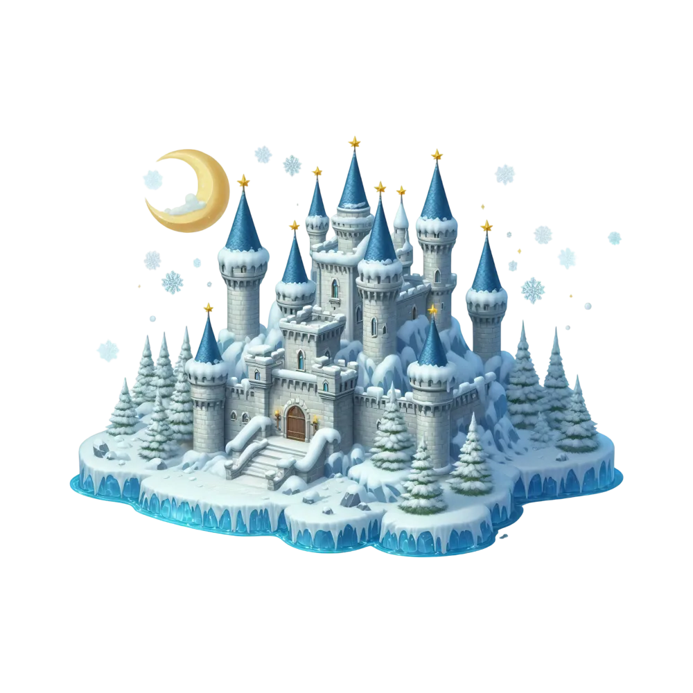 Snowy Winter Castle with Blue Turrets and Crescent Moon