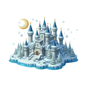 Snowy Winter Castle with Blue Turrets and Crescent Moon