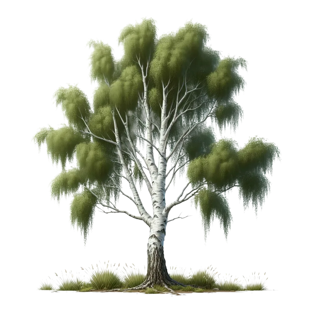 Birch Tree with Green Foliage and Grass Base