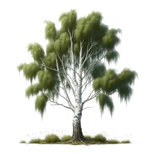 Birch Tree with Green Foliage and Grass Base