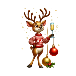 Festive Reindeer in Christmas Sweater Holding Champagne