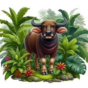 Water Buffalo Standing in Tropical Jungle with Lush Green Plants