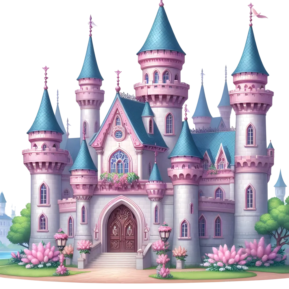 Fairy Tale Pink and Blue Castle with Floral Gardens