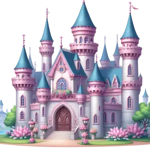 Fairy Tale Pink and Blue Castle with Floral Gardens