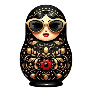Black and Gold Matryoshka Doll with Sunglasses and Floral Decoration
