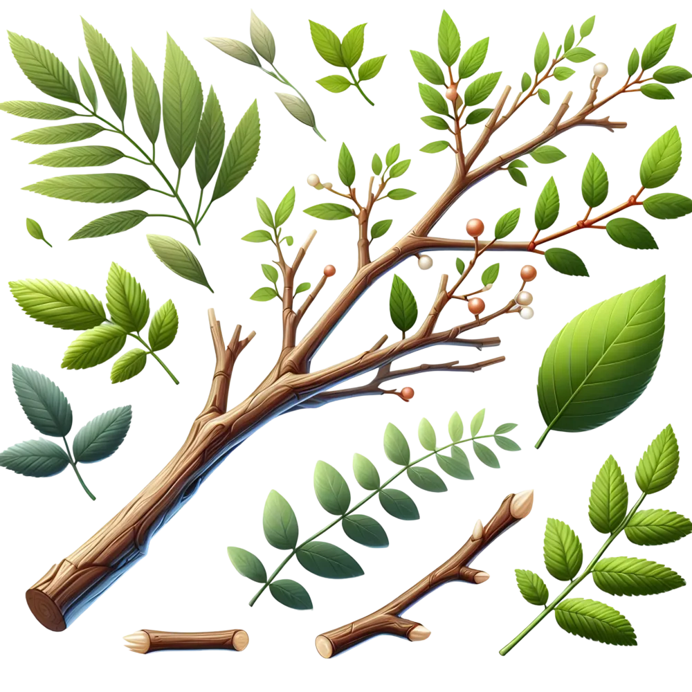 Collection of Green Leaves and Tree Branches with Berries PNG