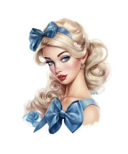 Blonde Woman Portrait with Blue Bows and Rose
