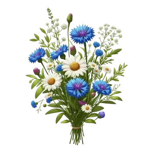 Bouquet of Blue Cornflowers and White Daisies with Green Leaves