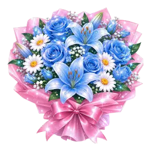 Sparkling Blue Rose and Lily Floral Bouquet with Pink Ribbon