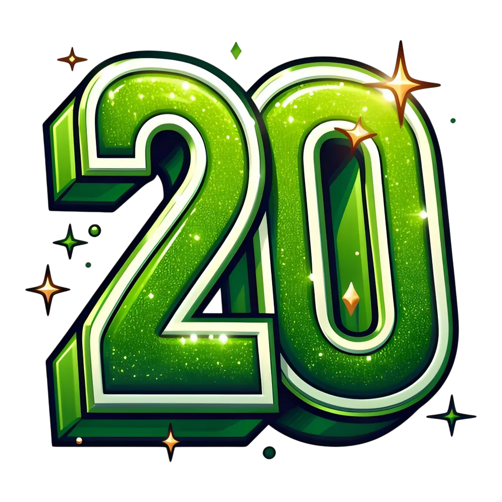 Shiny Green Number 20 Glittering on Black