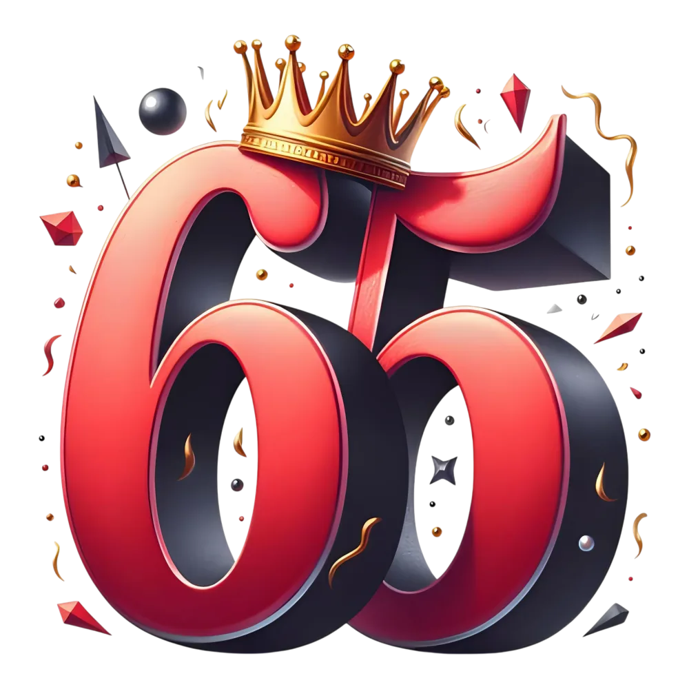 3D Red and Black Number 65 with Golden Crown and Confetti