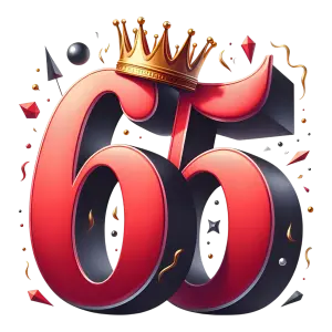 3D Red and Black Number 65 with Golden Crown and Confetti