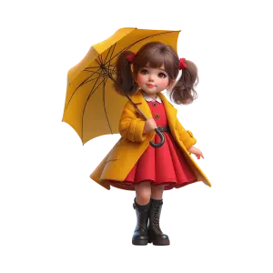 Cute little girl in yellow coat holding umbrella