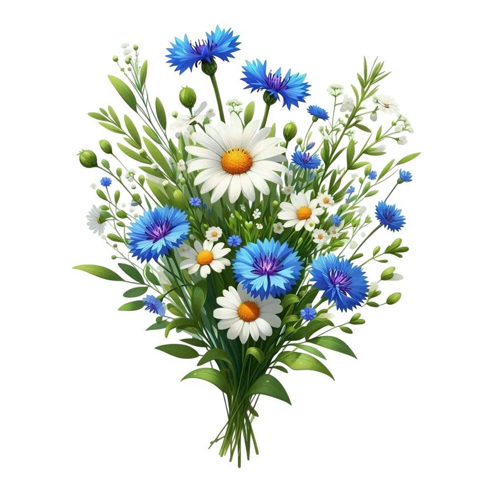 Bouquet of Blue Cornflowers and White Daisies