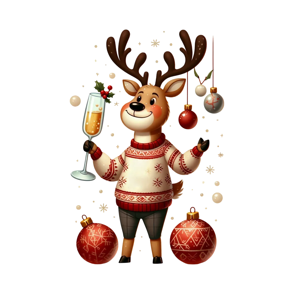 Cheerful Christmas Reindeer in Festive Sweater with Holiday Decorations