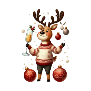 Cheerful Christmas Reindeer in Festive Sweater with Holiday Decorations