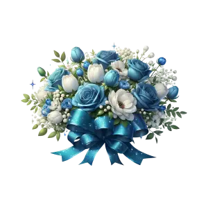 Blue and White Rose Floral Bouquet with Blue Ribbon