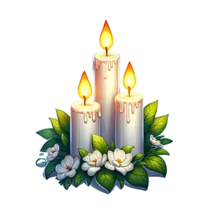 Three Lit Candles with White Flowers and Green Leaves