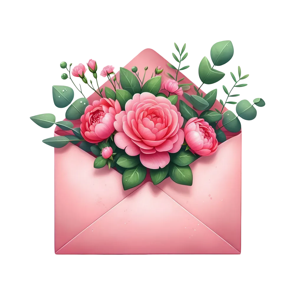 Pink Envelope Filled with Pink Flowers and Green Leaves