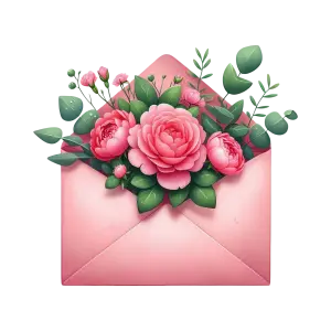 Pink Envelope Filled with Pink Flowers and Green Leaves