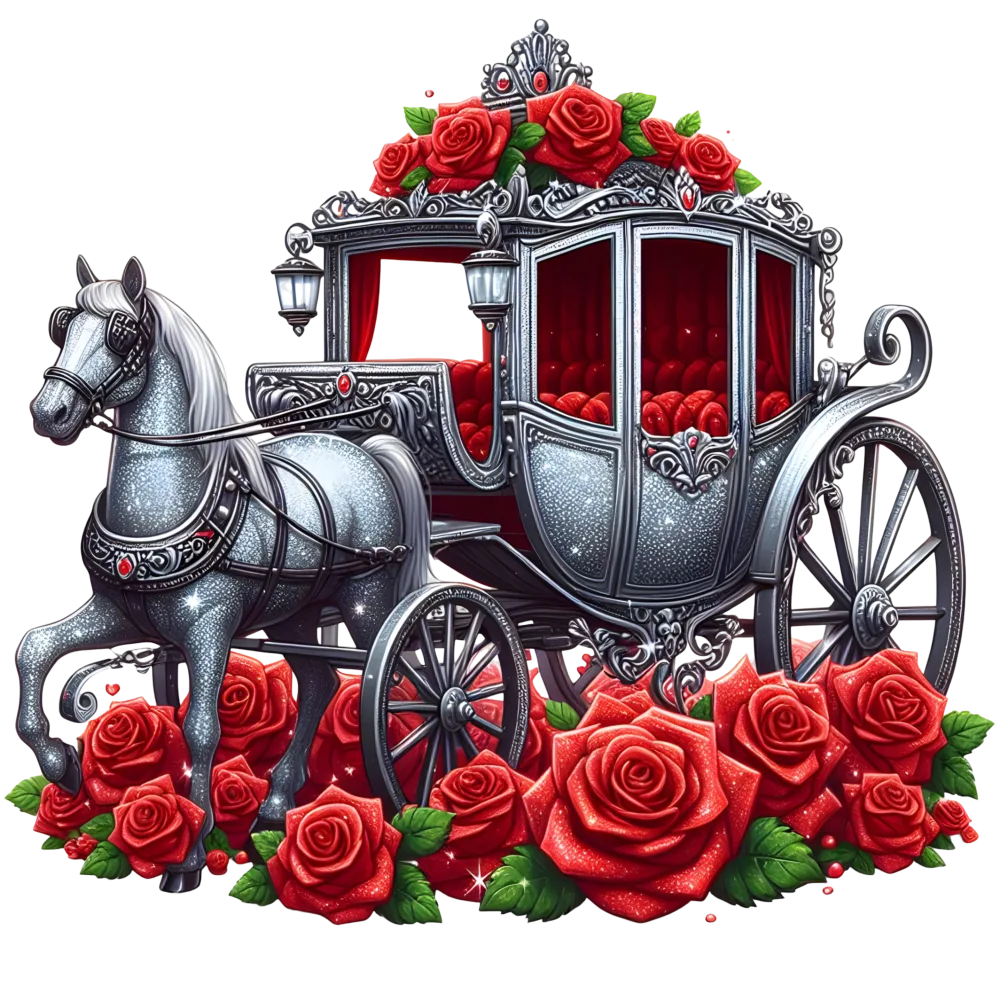 Silver Carriage with Red Roses and White Horse