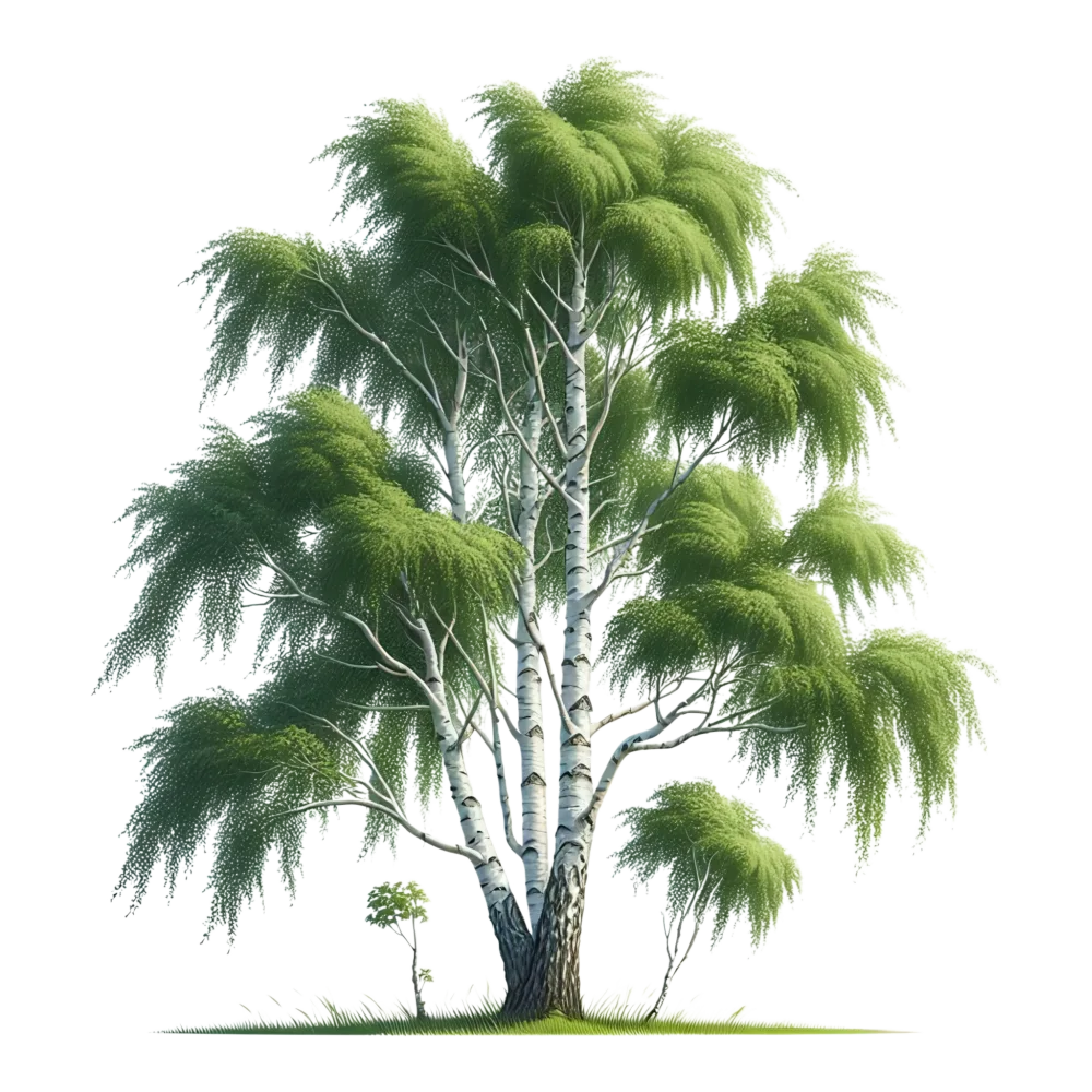 Green Birch Tree with White Bark and Lush Foliage