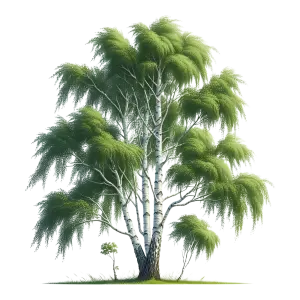 Green Birch Tree with White Bark and Lush Foliage
